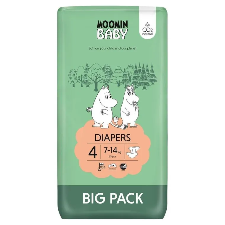 Muumi Baby, Eko Big Pack, pieluszki, rozmiar 4, Maxi, 7-14 kg, 63 szt.