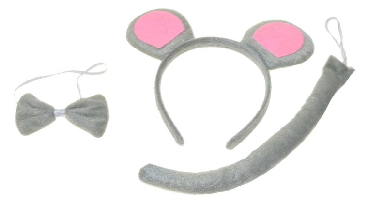 Myszka, opaska z muchą i ogonkiem, szara