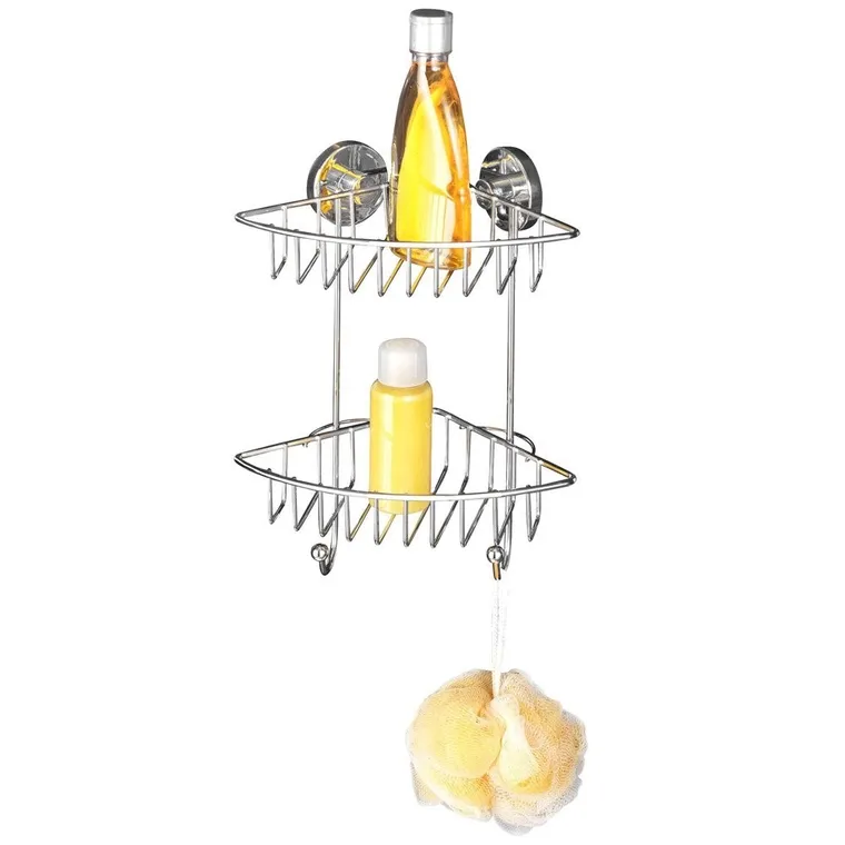 Narożna półka łazienkowa, Bari, vacuum-loc, 2 poziomy, stal chromowana