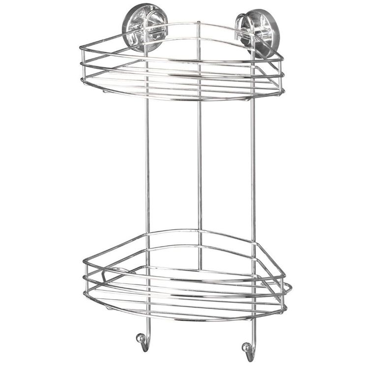 Narożna półka łazienkowa, vacuum-loc, 2 poziomy, stal chromowana