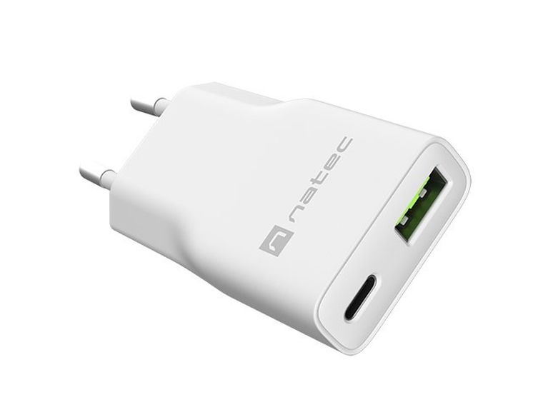 Natec, ładowarka sieciowa, RIBERA GAN SLIM USB-A USB-C 20W, biała