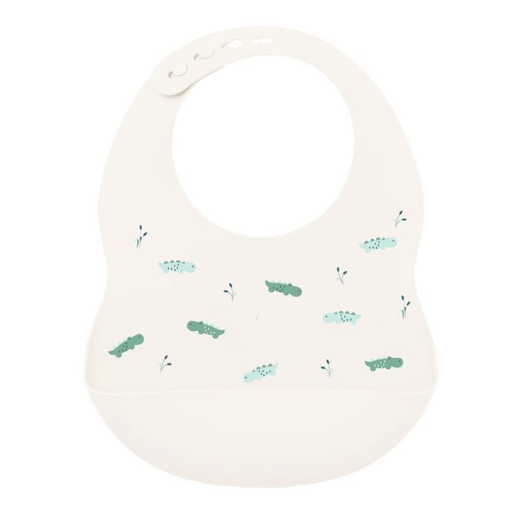 Nattou, Krokodyle, śliniak silikonowy z zapięciem, bez BPA, biały