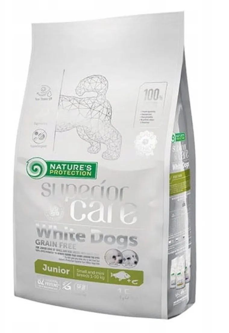 Nature's Protection, White Dogs, Grain Free, Junior, małe rasy, białoryba, karma sucha dla psów, 1.5 kg