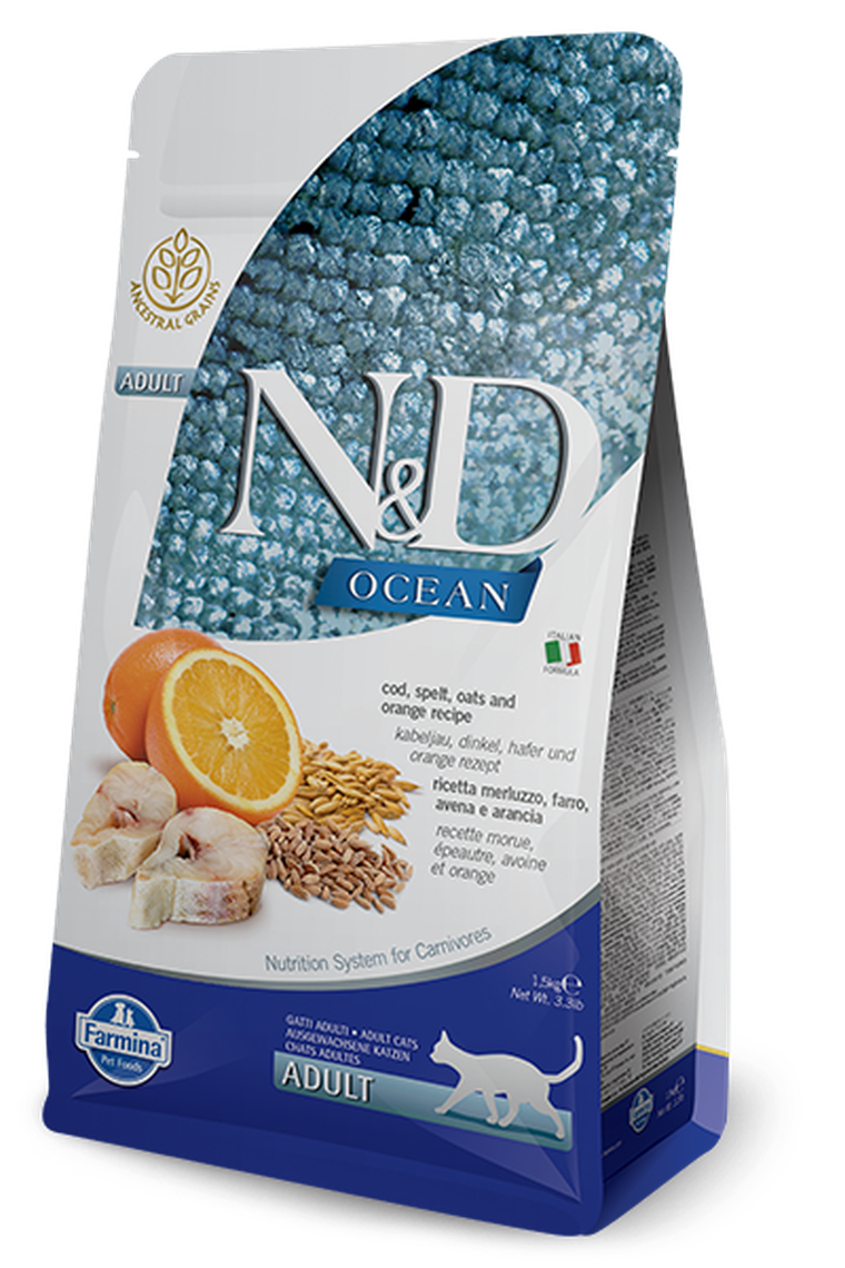 N&D Ocean, karma bezzbożowa dla kotów, dorsz, orkisz, owies, pomarańcza, 1,5 kg