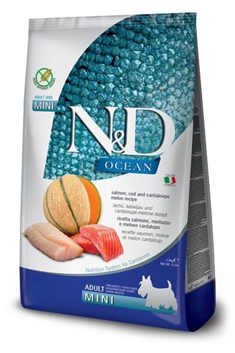 N&D, Ocean, Salmon, Cod & Cantaloupe Melon, Adult, Mini, sucha karma dla psa, 2,5 kg