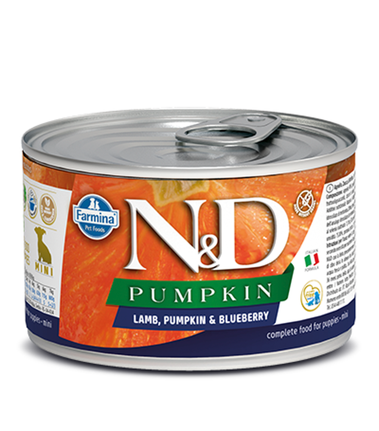 N&D Pumpkin, karma dla szczeniąt, jagnięcina, dynia i borówka, 140 g