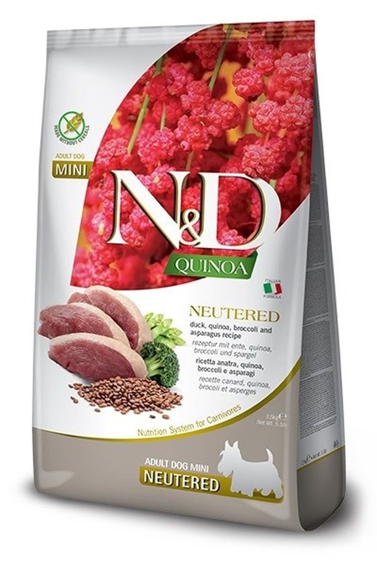 N&D, Quinoa, Duck, Broccoli & Asparagus, Neutered, Adult, Mini, sucha karma dla psów kastrowanych, 2,5 kg