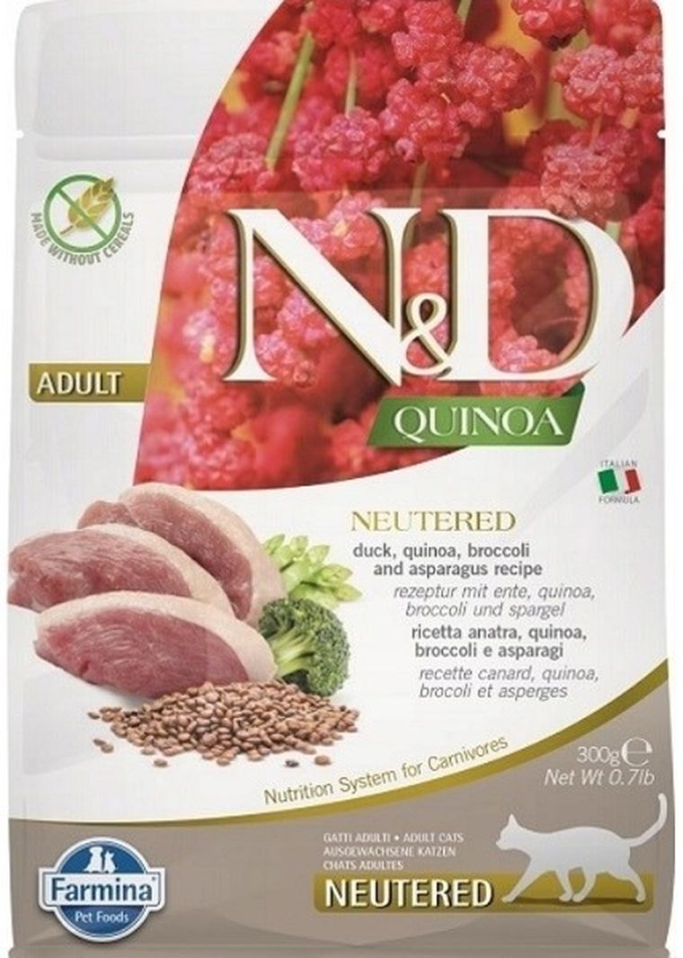 N&D, Quinoa, Duck, Brocolli & Asparagus, Neutered, Adult, sucha karma dla kota, 300g