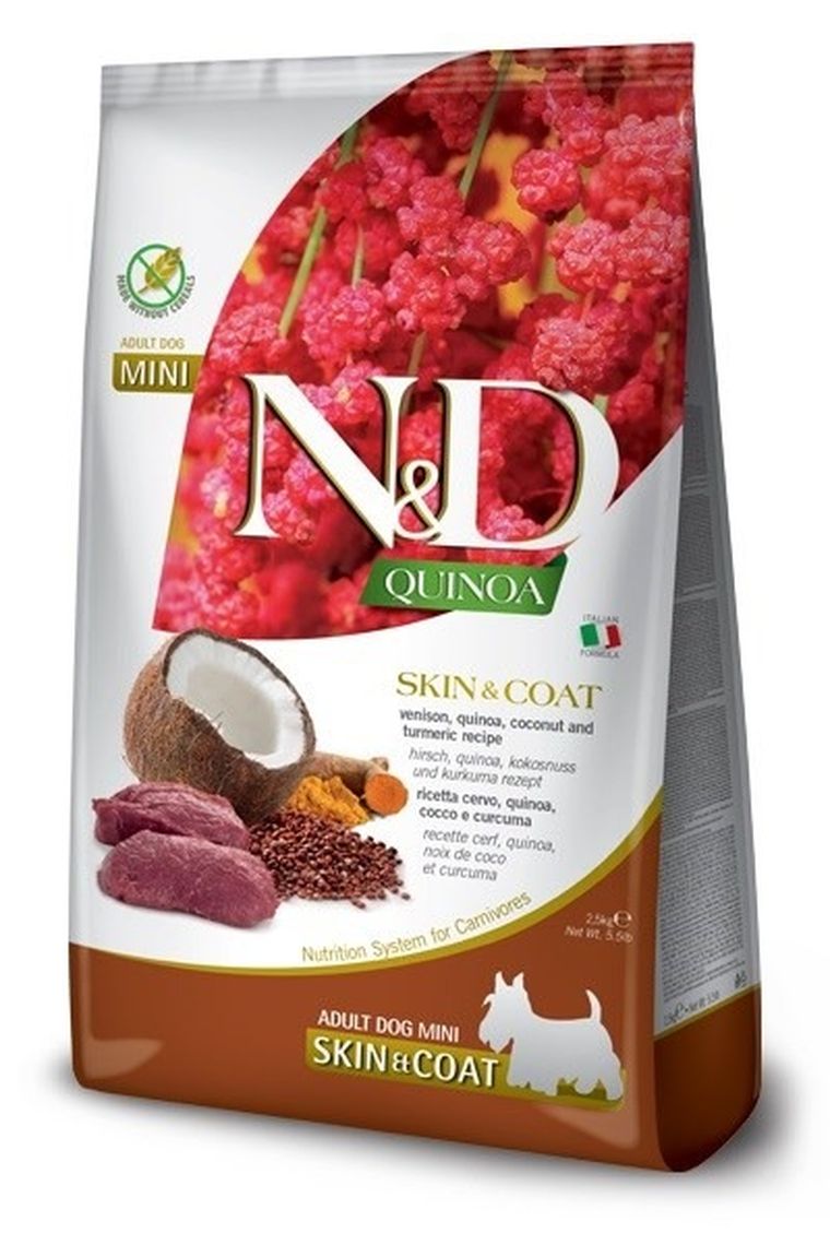 N&D, Quinoa, Skin & Coat, Venison, Coconut, Adult, Mini, sucha karma dla psa, 2,5 kg