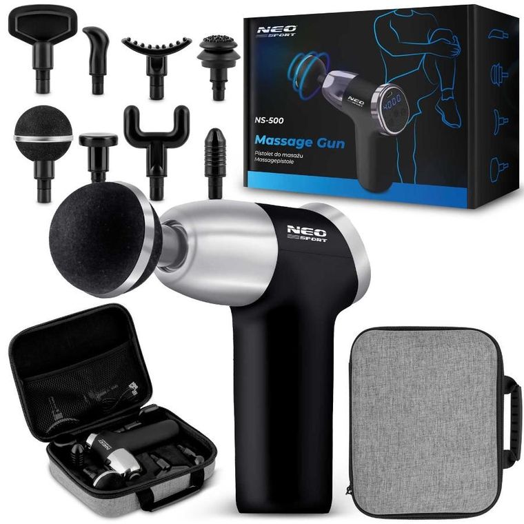 Neo-Sport, pistolet do masażu ciała, 8 nakładek, czarny