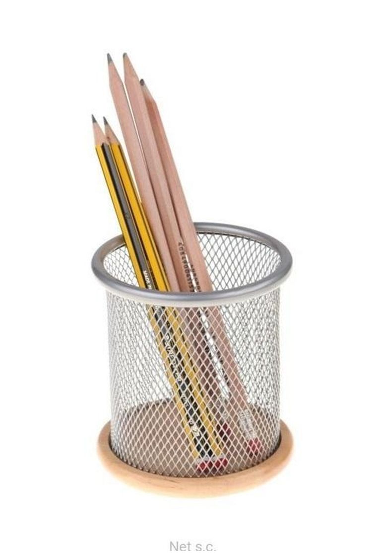 Net, metalowy pojemnik na przybory szkolne, srebrny z drewnem