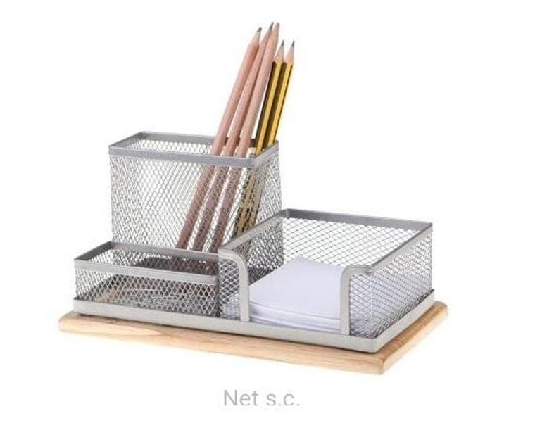 Net, przybornik na biurko, srebrny z drewnem