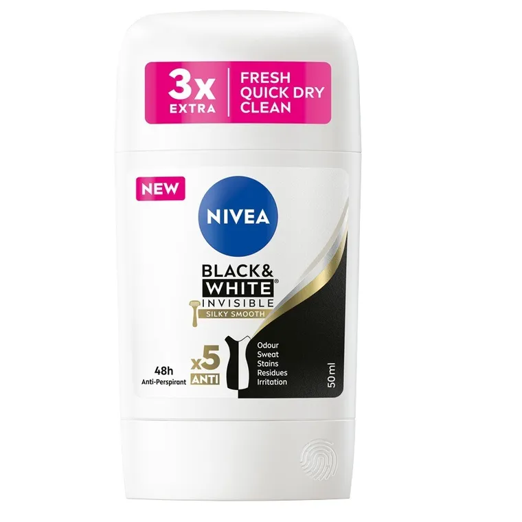 Nivea, Black&White Invisible Silky Smooth, antyperspirant w sztyfcie, 50 ml