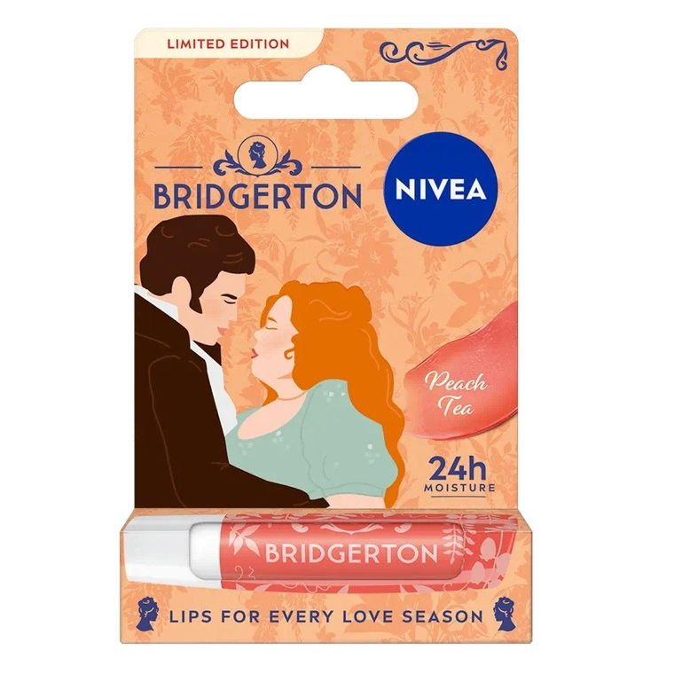 Nivea, Bridgerton Edition Penelope&Colin, pielęgnująca pomadka do ust, Peach Tea, 4.8g