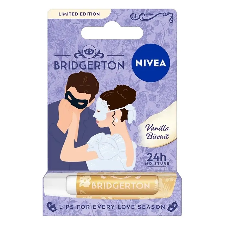 Nivea, Bridgerton Edition Sophie&Benedict, pielęgnująca pomadka do ust, Vanilla Biscuit, 4.8g
