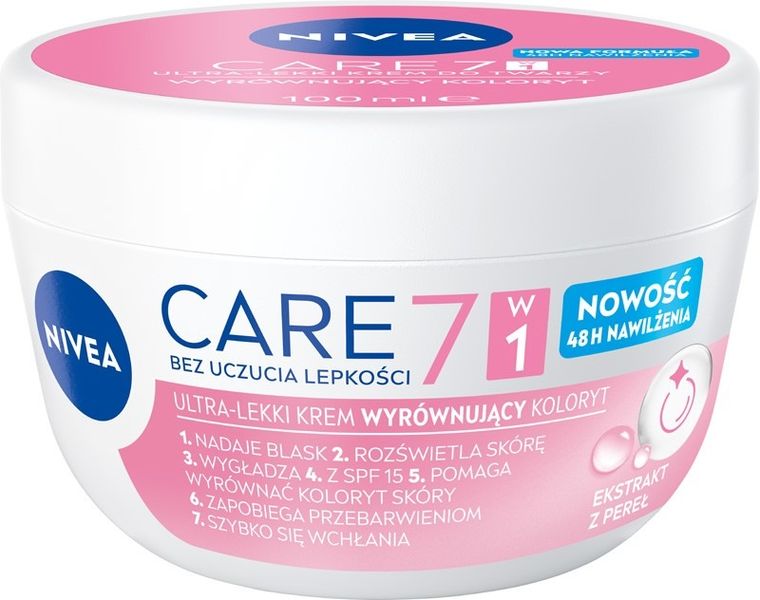 Nivea, Care 7w1, ultra-lekki krem do twarzy wyrównujący koloryt, 100 ml