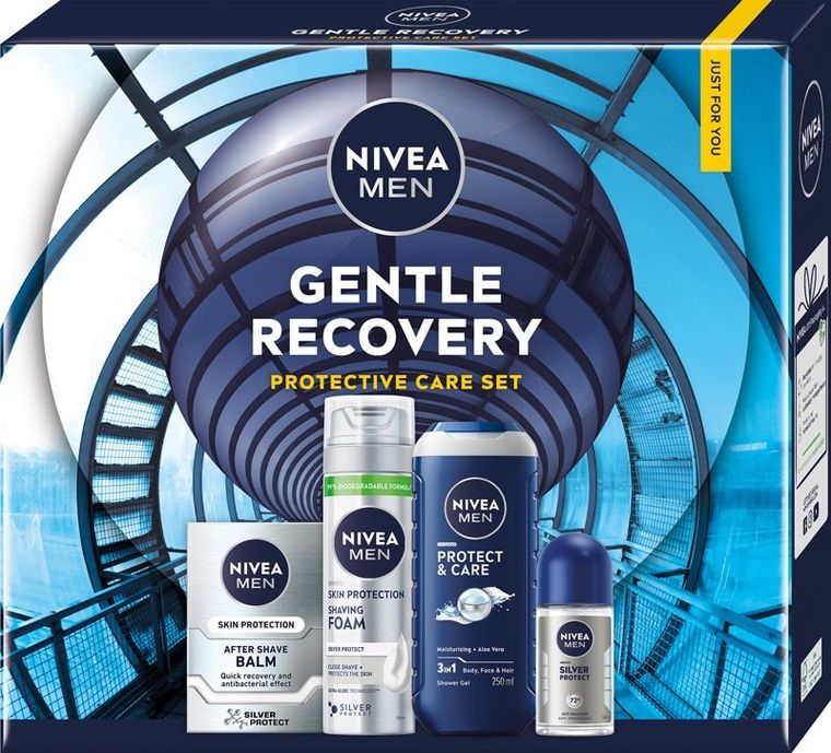 Nivea, Gentle Recovery, zestaw prezentowy męski: pianka do golenia, 200 ml + balsam po goleniu, 100 ml + antyperspirant roll-on, 50 ml + żel pod prysznic, 250 ml