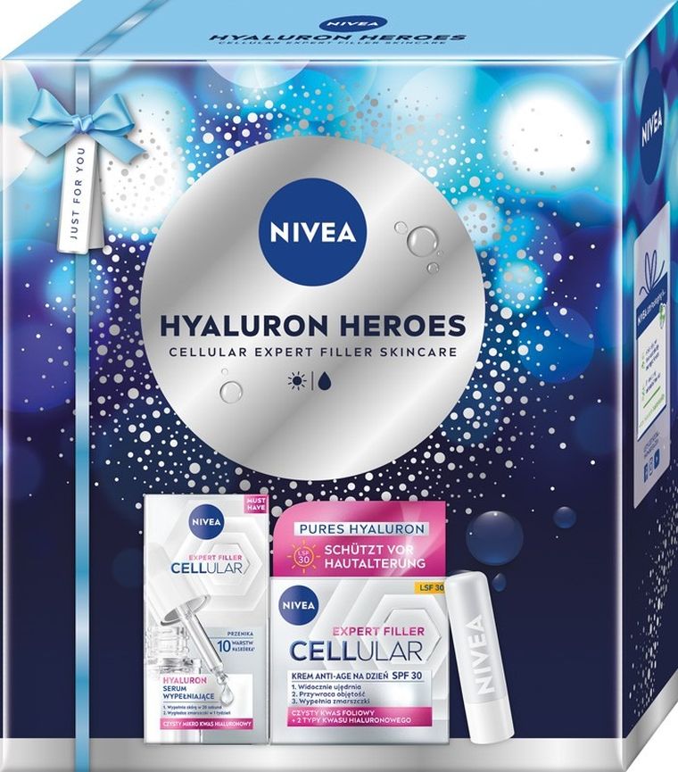 Nivea, Hyaluron Heroes, zestaw prezentowy damski: serum, 15 ml + balsam do ust + krem na dzień, 50 ml