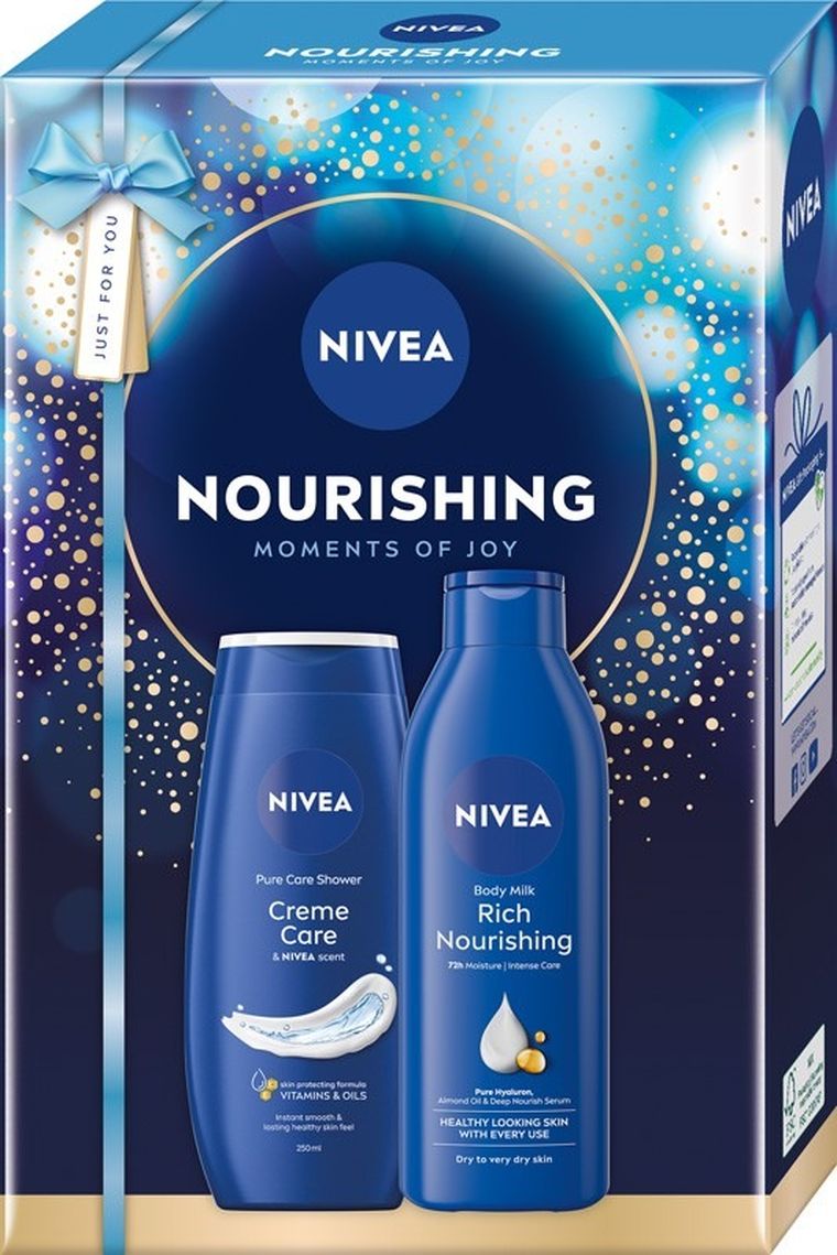 Nivea, Nourishing, zestaw prezentowy damski: żel pod prysznic, 250 ml + mleczko do ciała, 250 ml