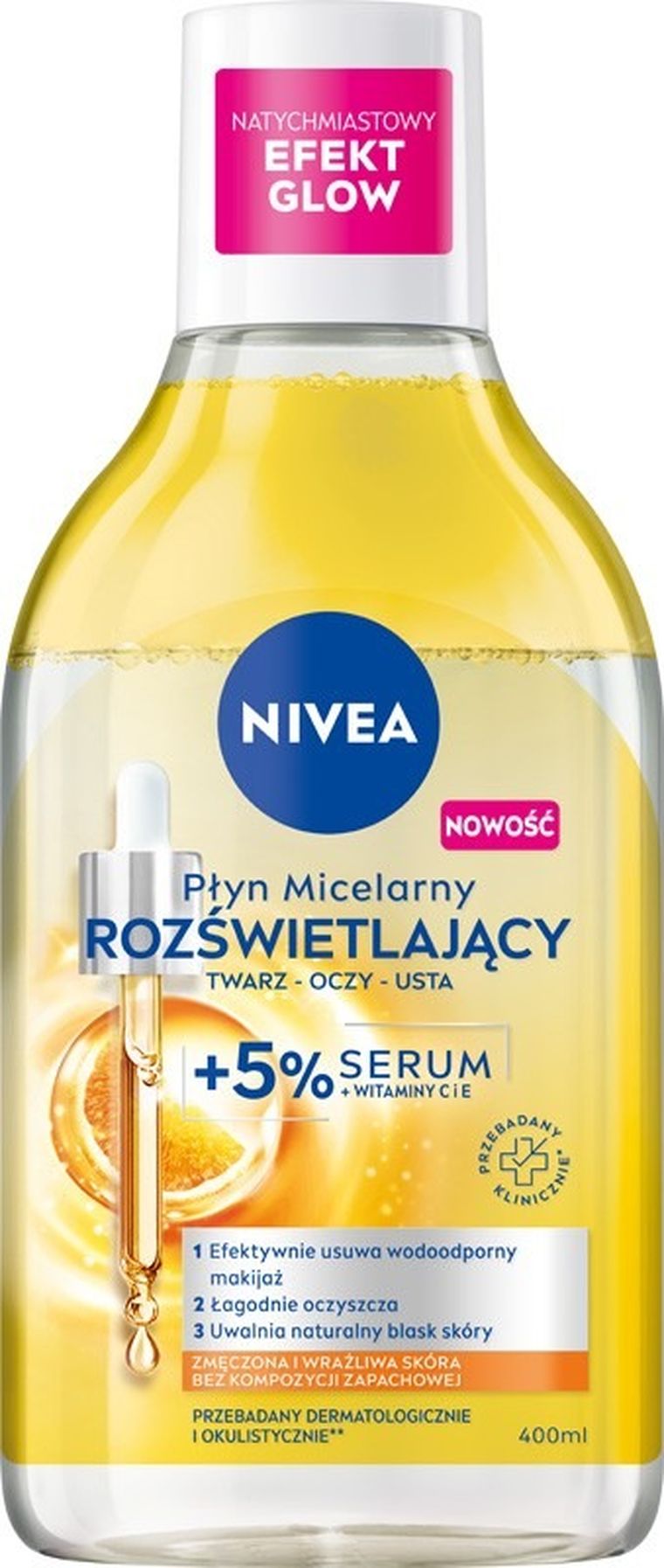 Nivea, płyn micelarny rozświetlający twarz-oczy-usta + 5% serum, 400 ml