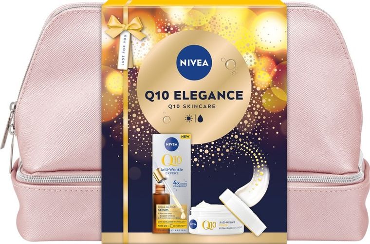 Nivea, Q10 Elegance, zestaw prezentowy damski: krem na dzień SPF15, 50 ml + serum, 30 ml + kosmetyczka