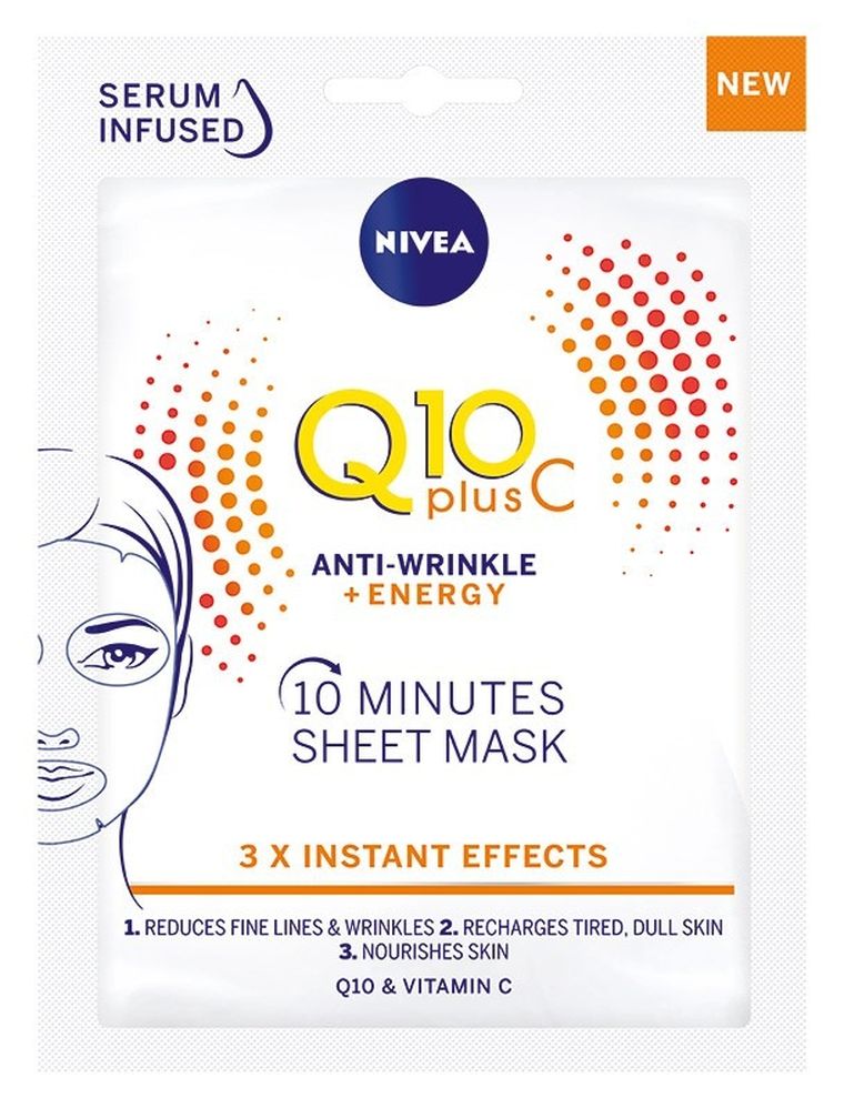 Nivea, Q10 Plus C, maska w płacie 10-minutowa Anti-Wrinkle + Energy, 1 szt.
