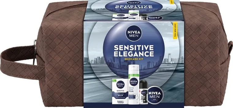 Nivea, Sensitive Elegance, zestaw prezentowy męski: antyperspirant roll-on, 50 ml + krem uniwersalny, 75 ml + pianka do golenia, 200 ml + balsam po goleniu, 100 ml + kosmetyczka