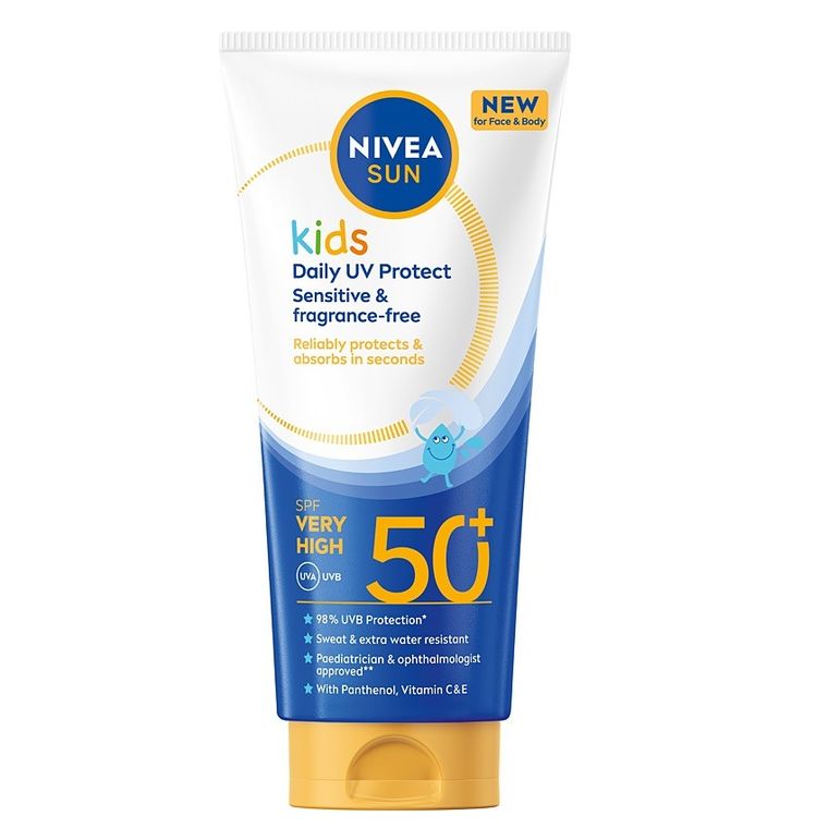 Nivea, Sun Kids Daily UV Protect, balsam do opalania dla dzieci do twarzy i ciała z bardzo wysoką ochroną SPF50+, 100 ml