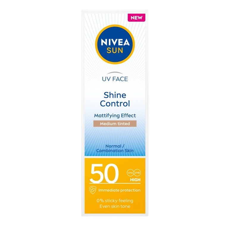 Nivea, Sun UV Face Shine Control, matujący krem do twarzy z wysoką ochroną SPF50, Medium Tinted, 50 ml