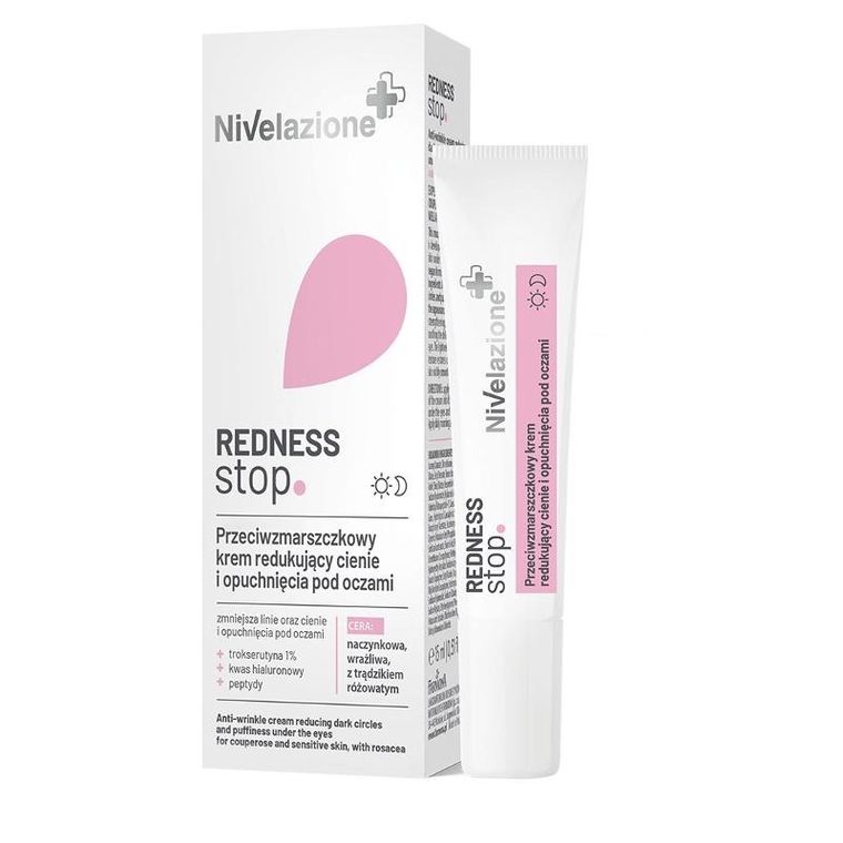 Nivelazione, Redness Stop, przeciwzmarszczkowy krem redukujący cienie i opuchnięcia pod oczami, 15 ml
