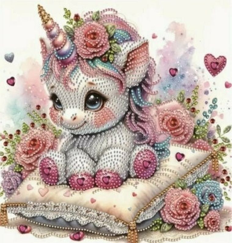 Norimpex, diamentowa mozaika, obraz na ramie, Jednorożec na poduszce, 23-30 cm