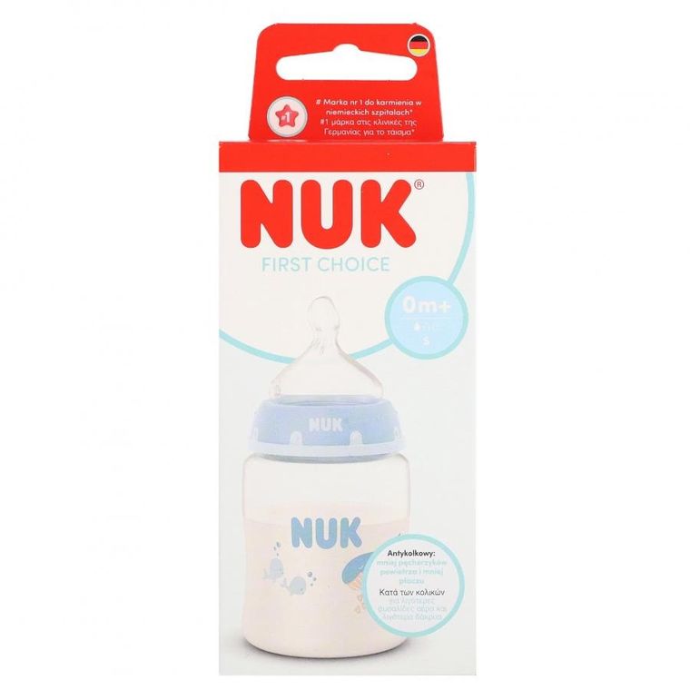 Nuk, First Choice, butelka z silikonowym smoczkiem S, wieloryb, 150 ml