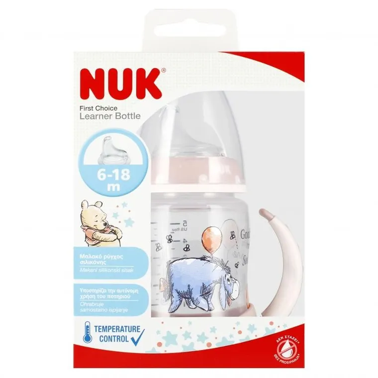 Nuk, First Choice, butelka z uchwytem, 6m+, osiołek, różowa, 150 ml