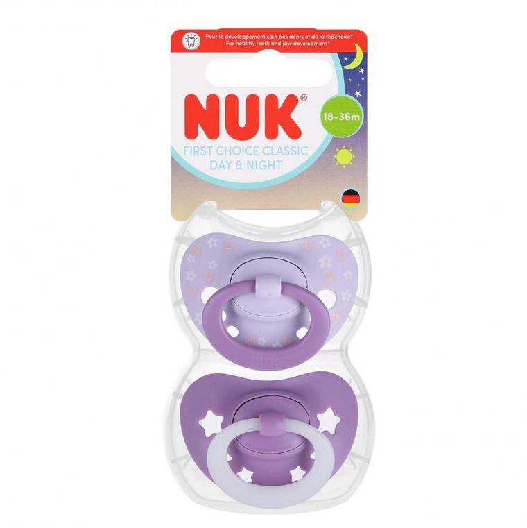 Nuk, First Choice, Classic Night, smoczek uspokajający, fioletowy, 18-36m, 2 szt.