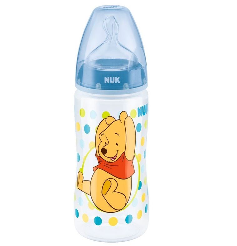 Nuk, First Choice, Kubuś puchatek, butelka ze smoczkiem silikonowym 1, rozmiar M, 300 ml, niebieska