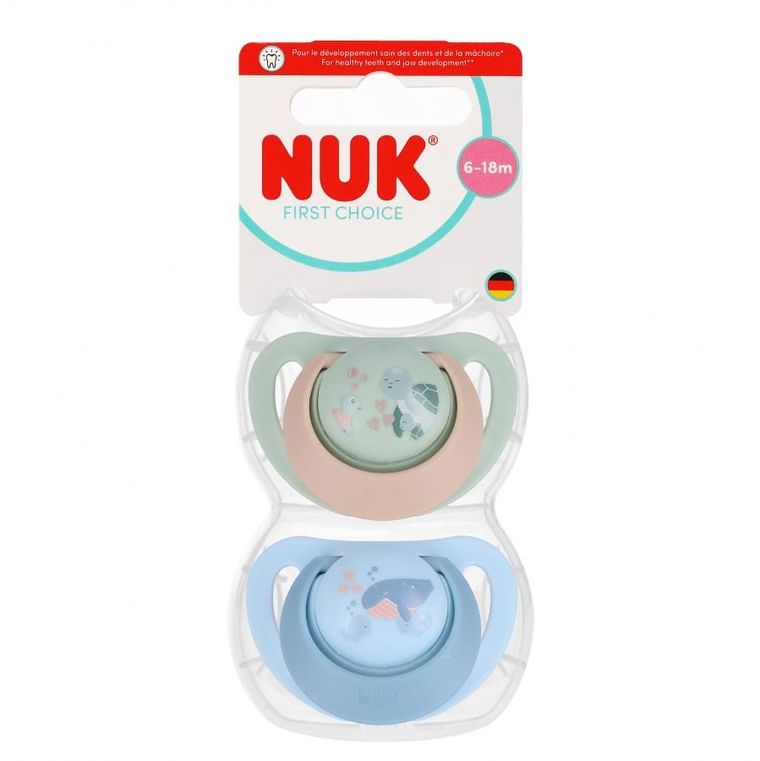 Nuk, First Choice, smoczek uspokajający, żółw i wieloryb, 6-18m, 2 Szt.