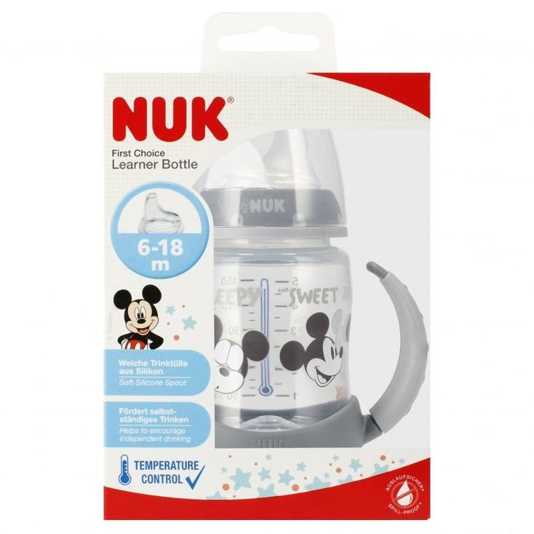 Nuk, First, Myszka Miki, butelka z uchwytem, smoczek lateksowy, 6m+, popiel, 150 ml