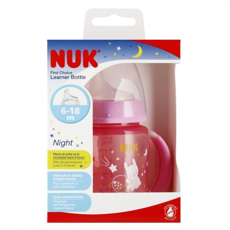 Nuk, First Night, butelka z uchwytem, 6-18m, różowa, 150 ml