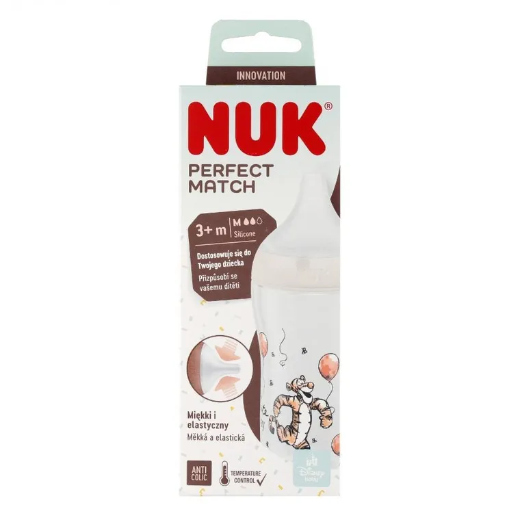 Nuk, Kubuś Puchatek, Perfect Match, butelka, silikonowy smoczek, rozmiar M, 260 ml
