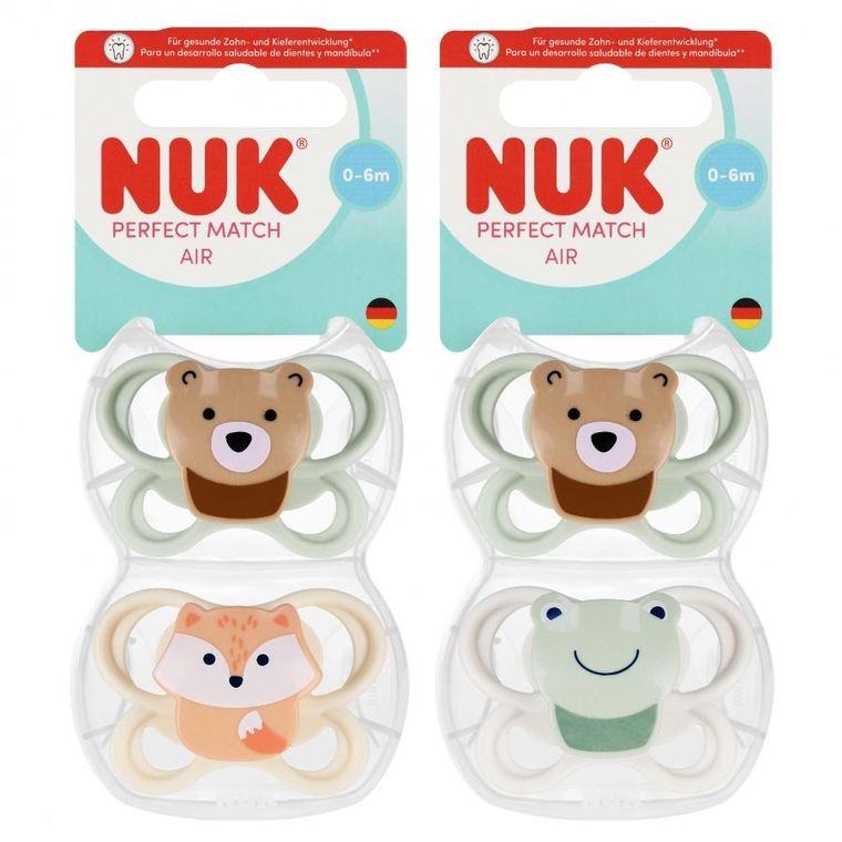 Nuk, Perfect Match Air, smoczek silikonowy, miś i żabka, 0-6, 2 szt.