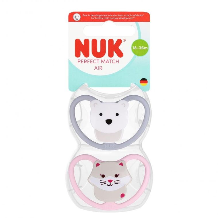 Nuk, Perfect Match Air, smoczek uspokajający, kot i miś, 18-36m, 2 szt.