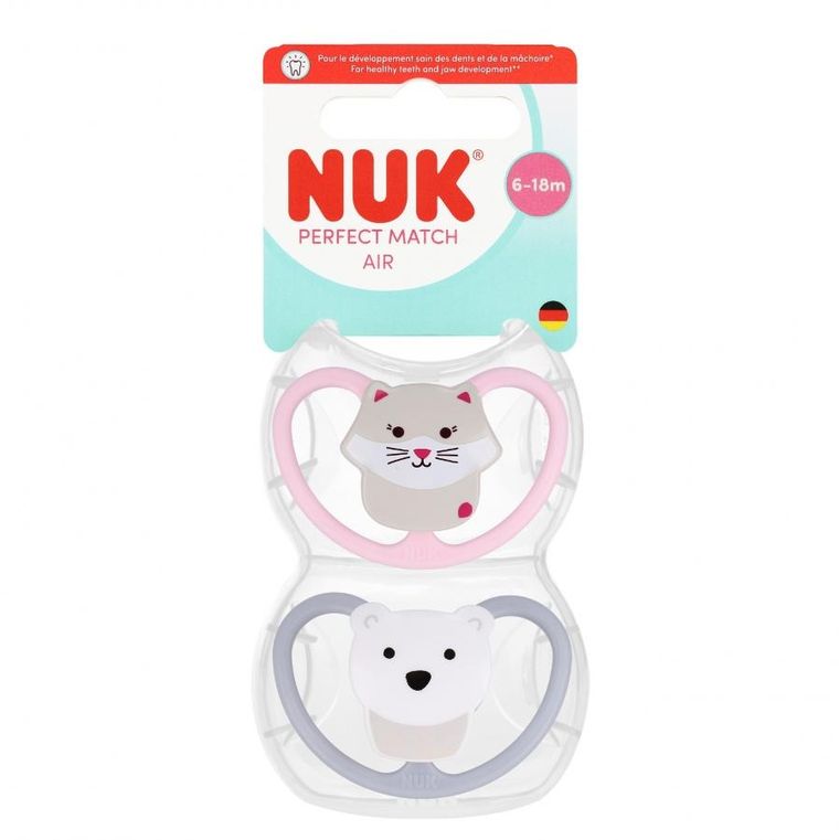 Nuk, Perfect Match Air, smoczek uspokajający, kot i miś, 6-18m, 2 szt.