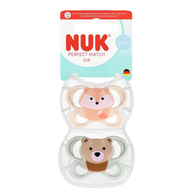 Nuk, Perfect Match Air, smoczek uspokajający, lis i miś, 0-2m, 2 szt.