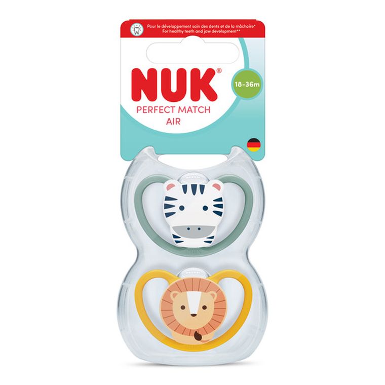 Nuk, Perfect Match Air, smoczek uspokajający, zebra i lew, 18-36m, 2 szt.