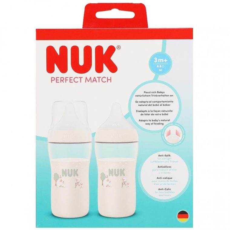 Nuk, Perfect Match, butelka do karmienia, owca i hipopotam, 3m+, 260 ml, 2 szt.