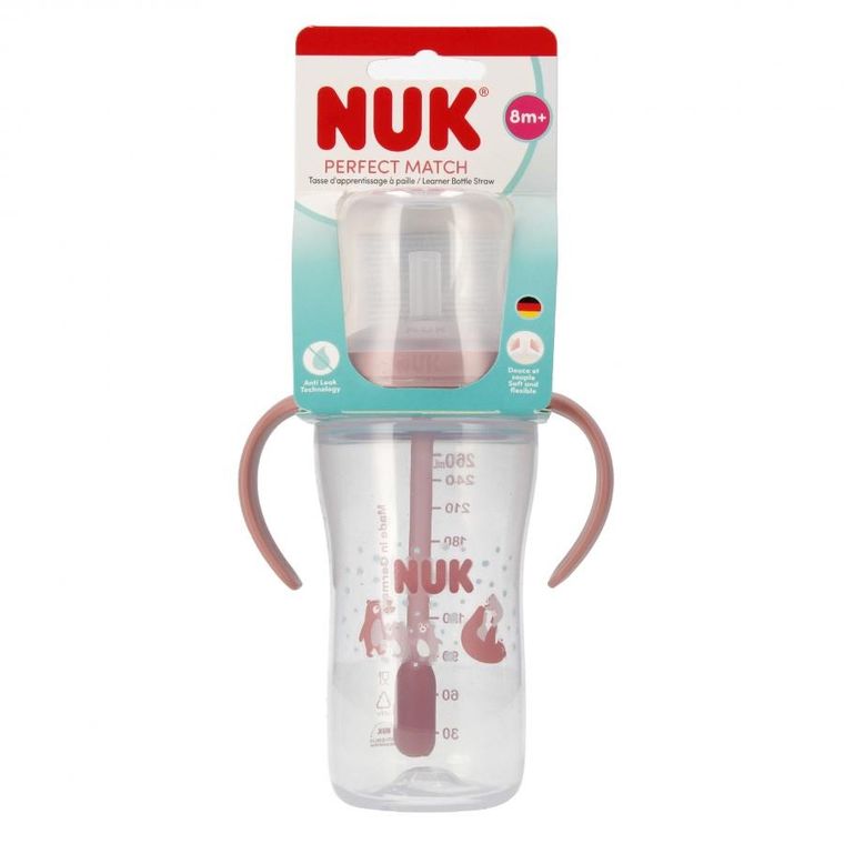 Nuk, Perfect Match, butelka do nauki picia ze słomką, miś, 260 ml