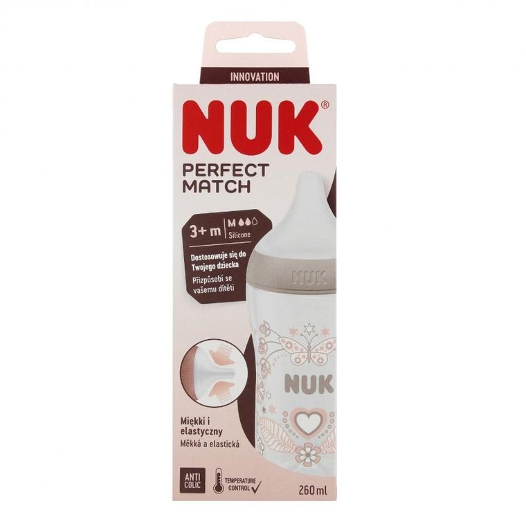 Nuk, Perfect Match, butelka, silikonowy smoczek, rozmiar M, serca, 260 ml