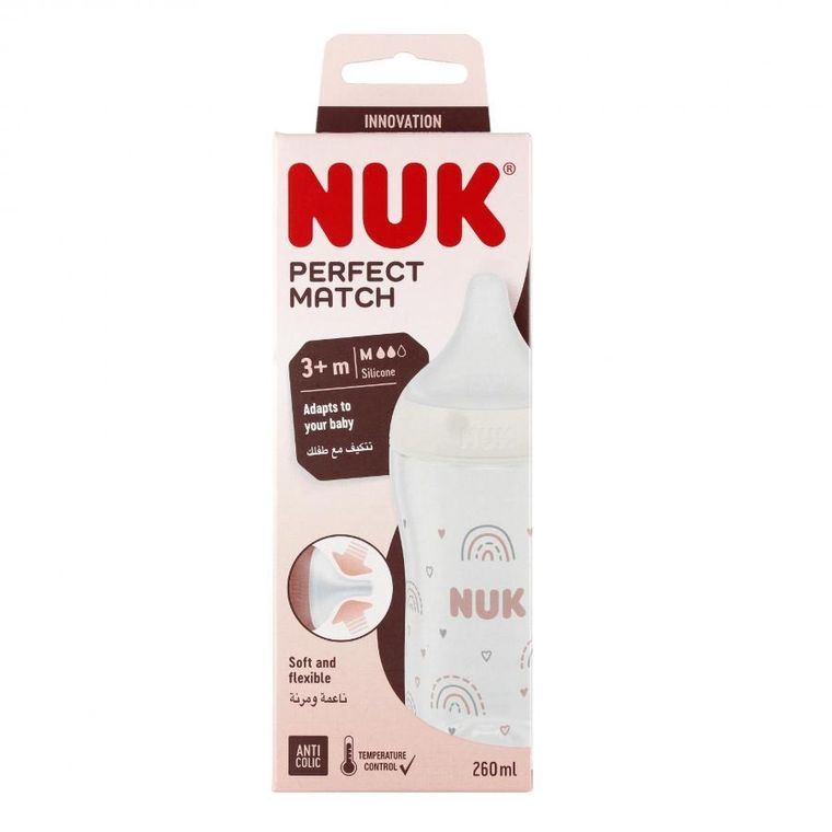 Nuk, Perfect Match, butelka, silikonowy smoczek, rozmiar M, tęcza, 260 ml