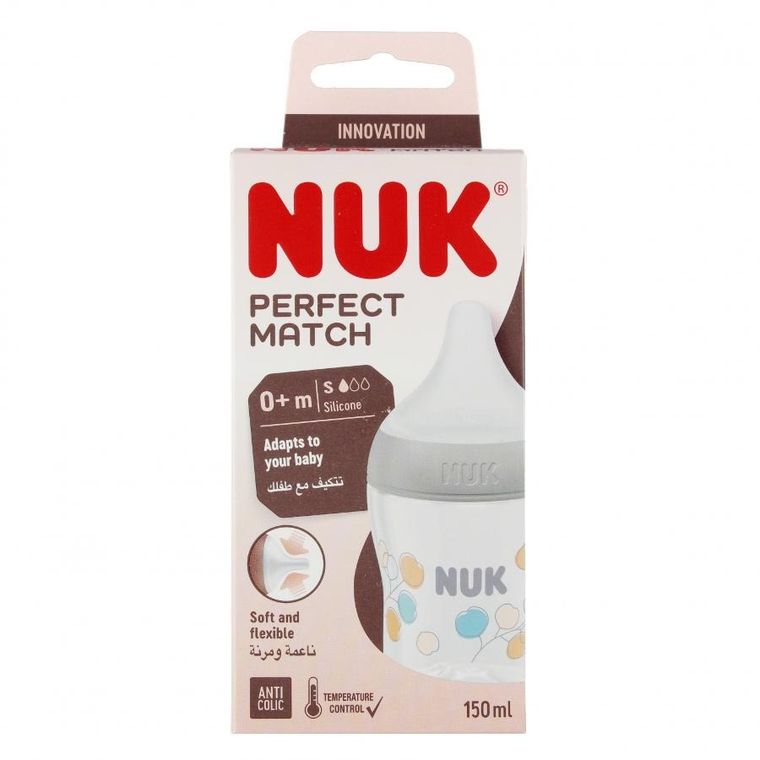 Nuk, Perfect Match, butelka, silikonowy smoczek, rozmiar S-M, bawełna, 150 ml