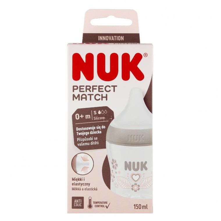 Nuk, Perfect Match, butelka, silikonowy smoczek, rozmiar S-M, serca, 150 ml